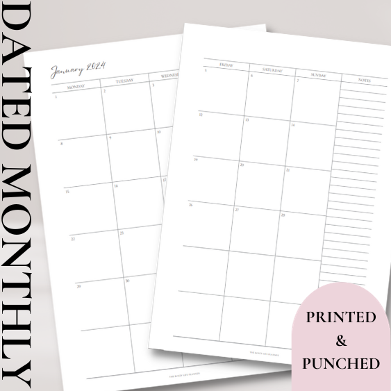 PRINTED INSERTS | 2024 MONTH ON TWO PAGES | BLACK & WHITE