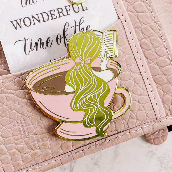 Self Care - Girl in Coffee Magnet Charm | PLANNER DECOR | Pink & Gold