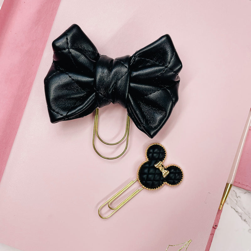 BOW PLANNER CLIP | BLACK QUILTED | FAUX LEATHER