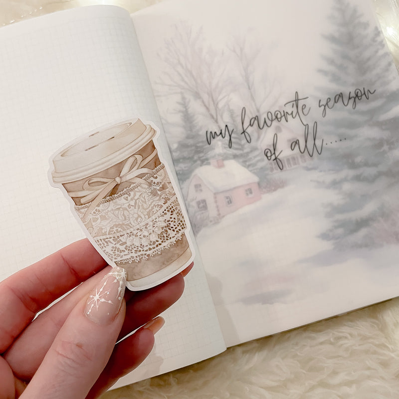 Lace coffee cup | DIE CUT STICKER | VINLY GLOSS - pink winter wonderland