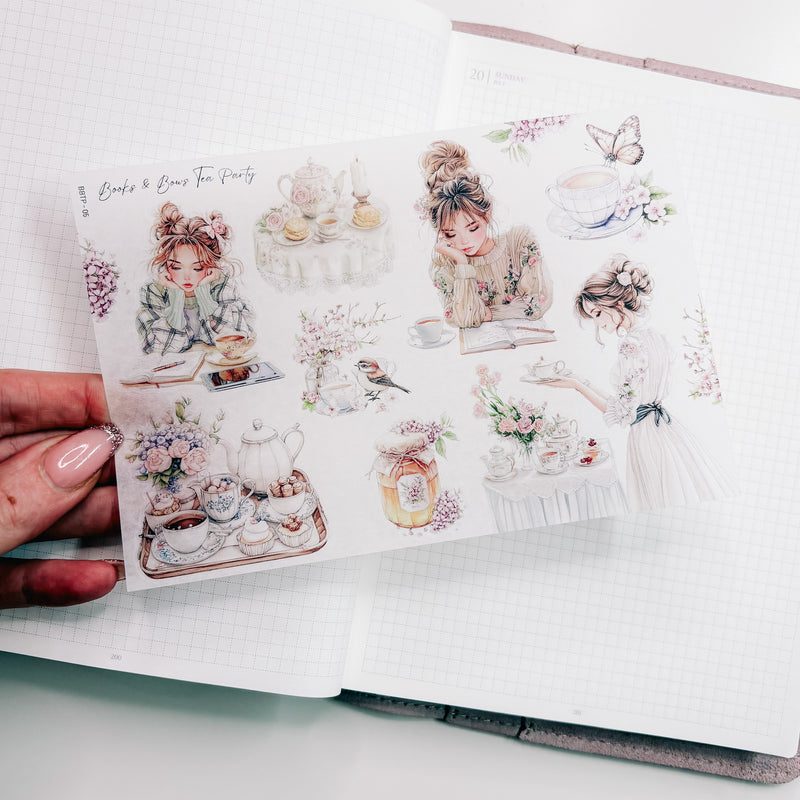 BOOKS & BOWS TEA PARTY | STICKERS 1-10 or ALL 10 BUNDLE DEAL | CLEAR MATTE
