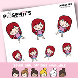 EXHAUSTED EMOTI GIRLS  | POSEMII CHARACTER STICKERS | 7 OPTIONS