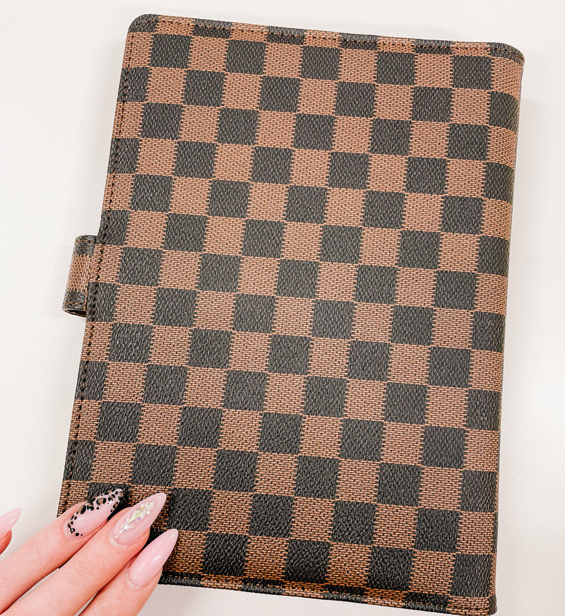 PLANNER COVER, CHECKERED BROWN, VEGAN LEATHER