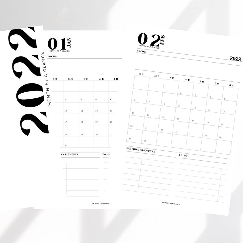 PRINTED INSERTS | 2022 MONTH AT A GLANCE | ONE PAGE | BLACK & WHITE