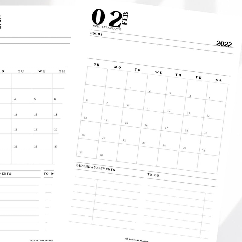 PRINTED INSERTS | 2022 MONTH AT A GLANCE | ONE PAGE | BLACK & WHITE